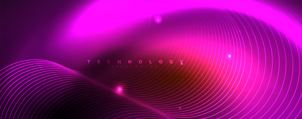 Bright neon circles and wave lines, glowing shiny background design template, digital techno concept.