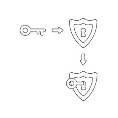 Vector icon concept of shield with key into keyhole.