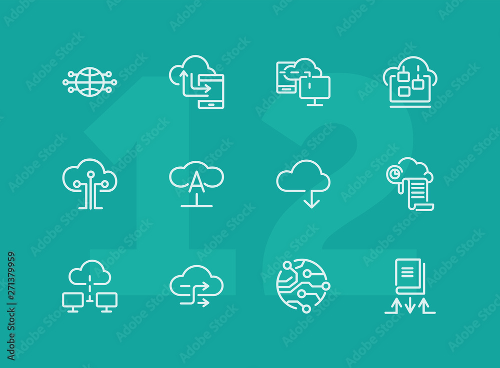 Poster cloud computing line icon set. set of line icons on white background. programming concept. system, s