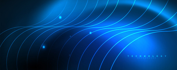 Trendy neon blue abstract design with waves and circles. Neon light glowing effect. Abstract digital background.