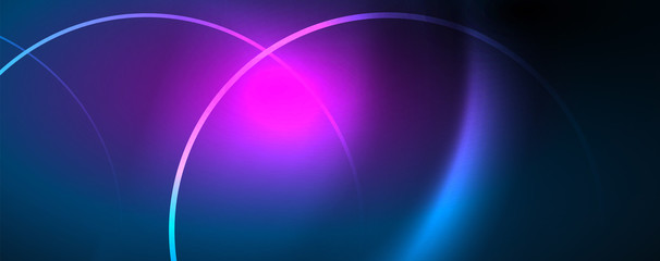 Trendy neon blue abstract design with waves and circles. Neon light glowing effect. Abstract digital background.