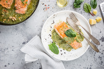 Grilled Salmon with spinach and garlic cream sauce on a plate, top view