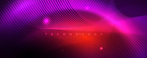 Shiny neon lights, dark abstract background with blurred magic neon light curved lines