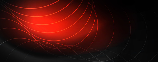 Dark abstract background with bright color neon lights and lines. Glowing background