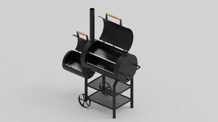 Barbecue texas smoker rendered photo on white background isometric from front.
