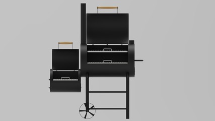 Barbecue texas smoker 3d render on white background isometric from front..