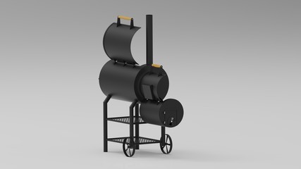 Barbecue texas smoker rendered photo on white background isometric from side.