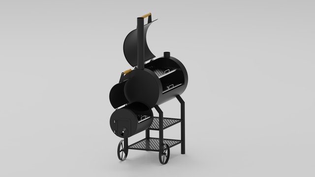 Barbecue texas smoker 3d render on white background isometric from side.
