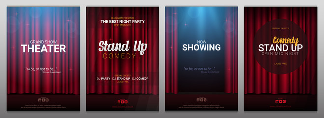 Set of Stand up and Theater banners. Red curtains stage, theater or opera background with spotlight.