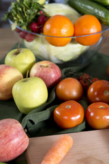 Close-up of fresh vegetables and fruits in kitchen