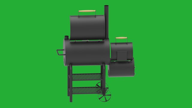 Barbecue texas smoker rendered photo on green background isometric from behind.