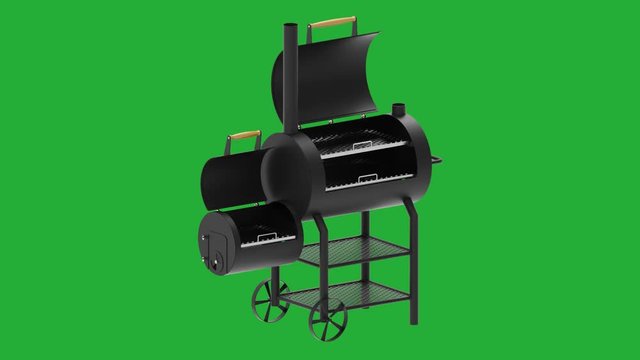 Barbecue texas smoker 3d render on green background animation.