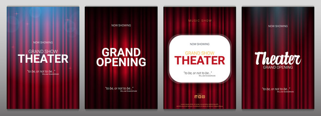 Theater stage. Red curtains stage, theater or opera background with spotlight. Festival night show banner.