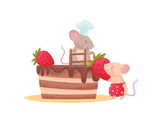 Two humanized mice decorate a piece of cake with strawberries. Vector illustration on white background.