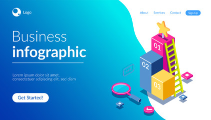 3d infographic for web template. Magnifying glass and ladder on a background of graphics. Can use for web banner, infographics, hero images. Flat isometric vector illustration.