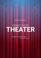 Theater stage. Red curtains stage, theater or opera background with spotlight. Festival night show banner.