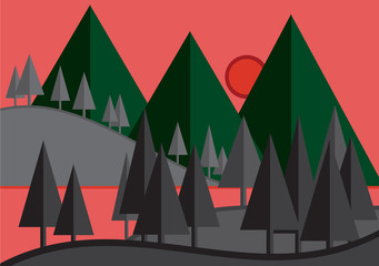 vector illustration of sunset in mountains, flat design style