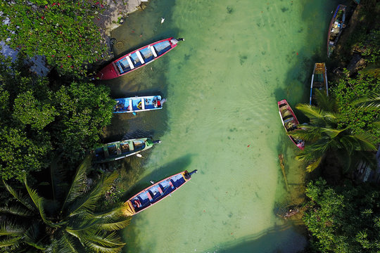 Aerial with fishing boats on White River, Jamaica