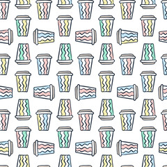 Coffee cup pattern. Vector seamless pattern with various disposable cups of coffee to go. Hand drawn doodle background