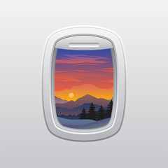 Silhouettes of fir trees and mountains in the background of the sunset. The view from the window of the plane. Vector illustration.