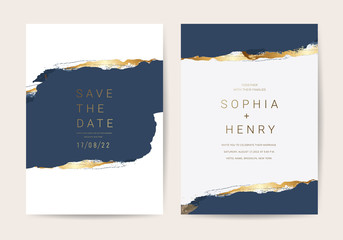 Wedding invitation cards with Luxury gold and indigo navy marble texture background and Abstract ocean style vector design template