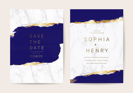 Wedding invitation cards with indigo and blue  marble texture background and gold geometric  line design vector.