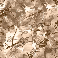 Watercolor seamless background with a pattern of leaves, abstract, branches of birch, linden. Watercolor drawing, bunch of berries, mountain ash, elderberry, viburnum. Abstract brown, Orange splash