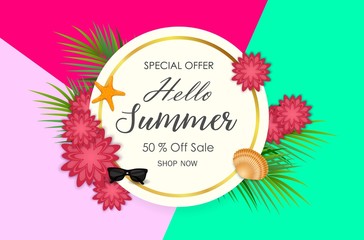 Summer sale background with palm leaves and flowers