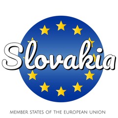 Round button Icon of national flag of The European Union with blue gradient background and yellow and gold stars and inscription with name of member state country of the EU: Slovakia