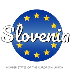Round button Icon of national flag of The European Union with blue gradient background and yellow and gold stars and inscription with name of member state country of the EU: Slovenia