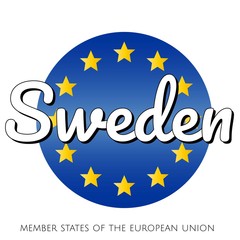 Round button Icon of national flag of The European Union with blue gradient background and yellow and gold stars and inscription with name of member state country of the EU: Sweden