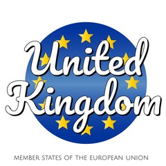 Round button Icon of national flag of The European Union with blue gradient background and yellow and gold stars and inscription with name of member state country of the EU: United Kingdom