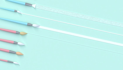 Paintbrush artistic set and Beautiful artwork in studio and minimal Concept on pastel Blue Tone background - 3D rendering