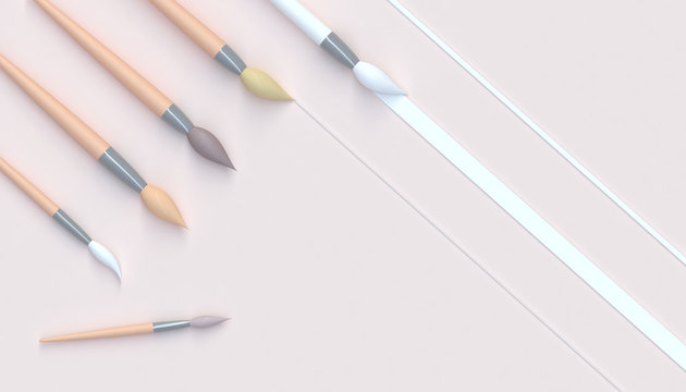 Paintbrush artistic Toons set and Beautiful artwork in studio and minimal Concept on pastel Yellow Tone background - 3D rendering.931