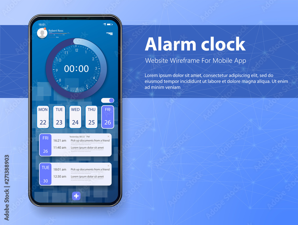 Poster alarm clock app smartphone interface vector template. mobile get up application page blue design lay