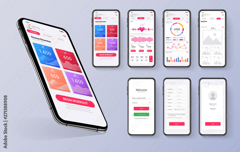 Poster different ui, ux, gui screens fitness app and flat web icons for mobile apps, responsive website inc