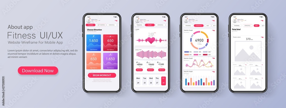 Poster different ui, ux, gui screens fitness app and flat web icons for mobile apps, responsive website inc