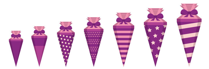 pink patterned school cones in different sizes isolated on white vector illustration EPS10