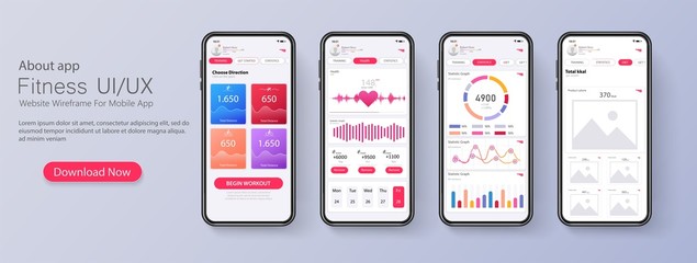 Different UI, UX, GUI screens fitness app and flat web icons for mobile apps, responsive website including. Web design and mobile template. Fitness interface design for mobile application. Vector - obrazy, fototapety, plakaty