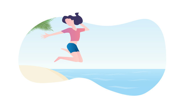 Young girl jumping into the water. Flat design concept for web and social media banner, background, summer card template, travel and holiday ads, advertising material. Summer vector illustration. 