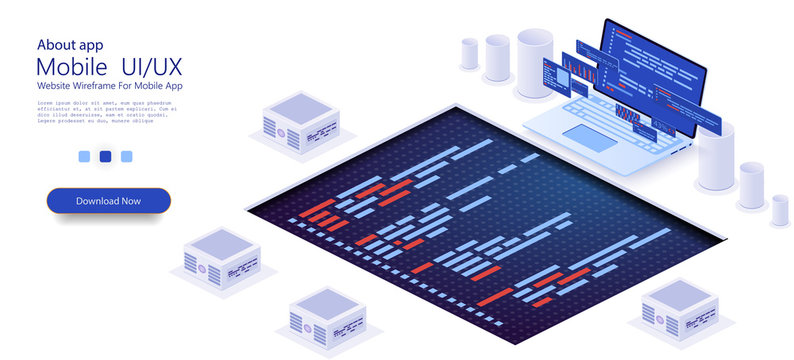 Programming or Software development abstract concept. Development of software and programming. Program code on computer screen and phone screen. Launch a new product on a market. Vector