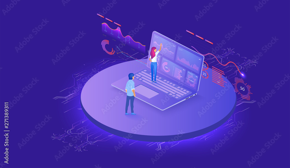 Poster Technology concept. Build a chart and graphs. Application of laptop with business graph and analytics data on isometric laptop. Modern infographic vector template with statistics graphs and finance. 