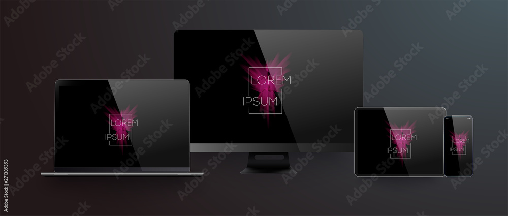 Poster realistic silver white laptop,smartphone, tablet with black screen and shadow. can use for project, 