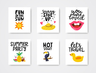 Summer cards set. Colorful posters with hand lettering. Summer vacation banners with hand drawn sun, hat, lips, tropical fruit, toucan, duck. Vector illustration