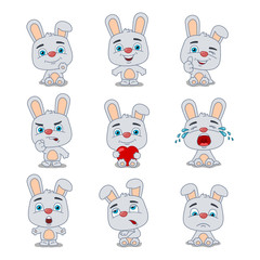 Set of funny rabbit in cartoon style in different poses and emotions isolated on white background
