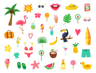 Summer set with hand drawn elements. Summer beach party design with doodle flamingo, flowers, tropical fruit, sweets. Color collection for cards, posters, invitation, stickers. Vector illustration © Liubov