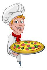 A chef holding a plate of pizza peeking around a sign cartoon
