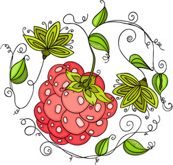 Green leaves and raspberry shaped heart