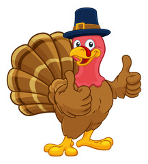 Pilgrim Turkey Thanksgiving bird animal cartoon character wearing a pilgrims hat and giving a thumbs up
