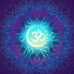 Om a Sacred mantra and a symbol of Hinduism. Decorative floral background. EPS10 vector illustration
